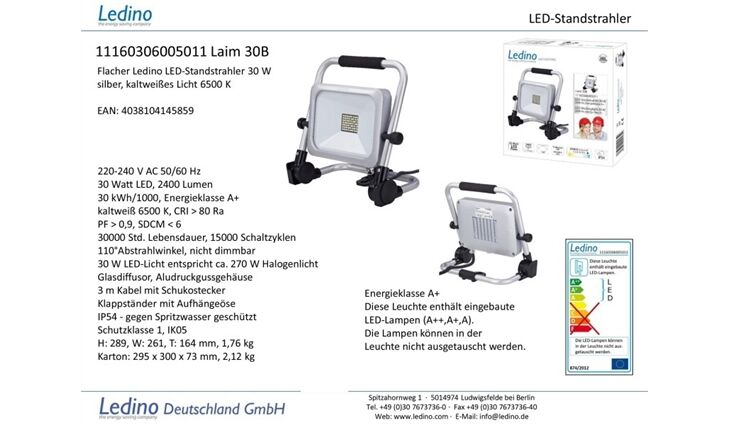 Ledino LED-Standstrahler Laim 30B, 30W 2400 lm, 6500K