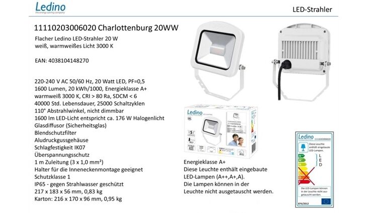 Ledino LED-Strahler 20W Charlottenburg 20WW, 3000K, ws